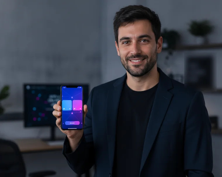 נועם, מנהל הפרויקטים של WebitNow AI, מציג אפליקציה בטלפון