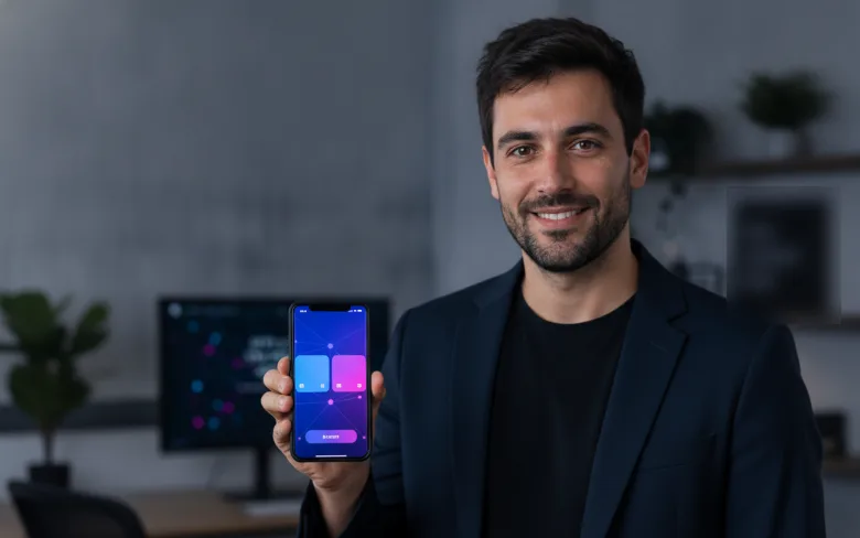 נועם, מנהל הפרויקטים של WebitNow AI, מציג אפליקציה בטלפון