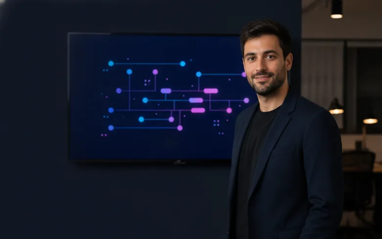 נועם, מנהל הפרויקטים של WebitNow AI, במשרד מול מסך